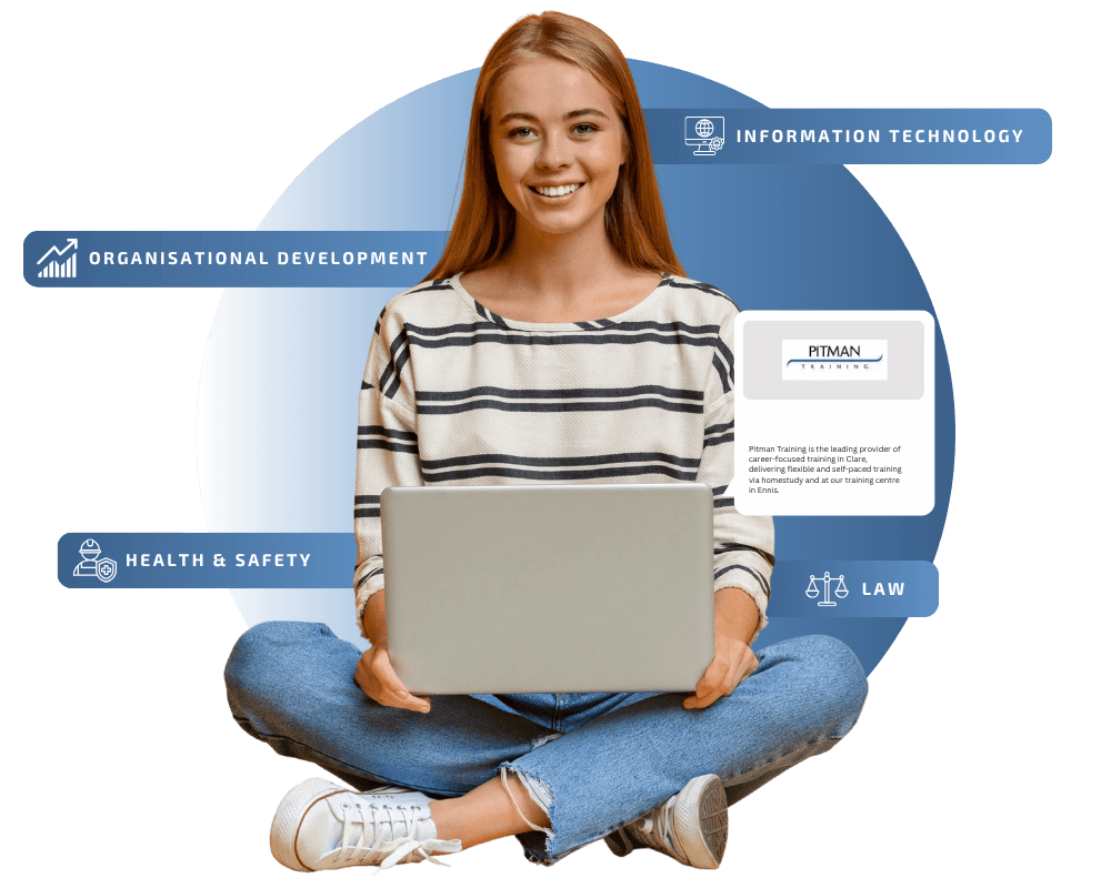 happy female student sitting with laptop on her lap