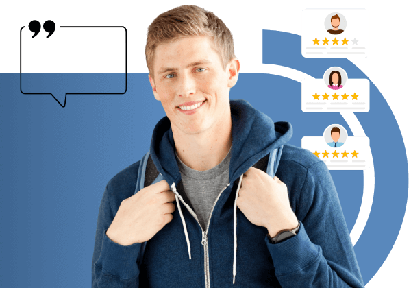 corporate student wearing blue hoodie and backpack